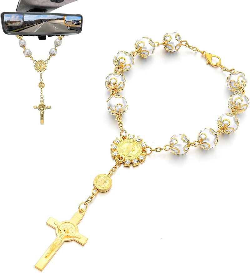 SHMZK Car Rosary for Rearview Mirror, Personalized Blessing Hanging Pendant for Car Rear View Mirror, Cross Rosary Ornament Interior Decor for Most Vehicles, Car Accessories (Golden) - Image 1